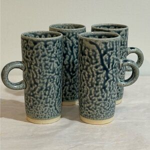 Ceramic Blue Salt Glazed Studio Pottery 5” Tall Mugs Set of 4 Signed